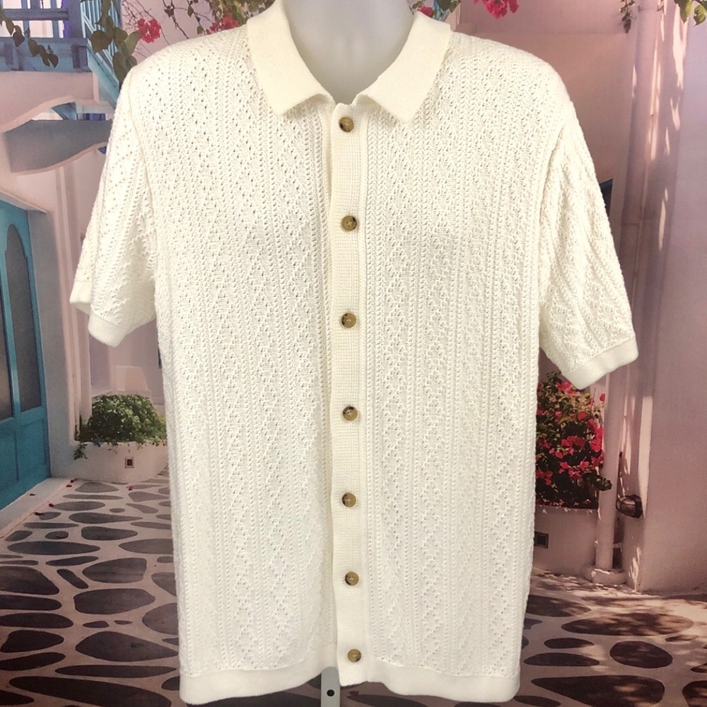 J. Crew Short Sleeve White Pointelle Stitch Polo Cardigan Sweater
